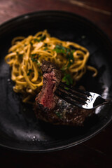 Delicious Pizza Burger Classic Homemade Tomato Sauce Sausage Cheese Onion Chicken Meat Pasta Shrimp Restaurant Menu Gourmet on a wooden table