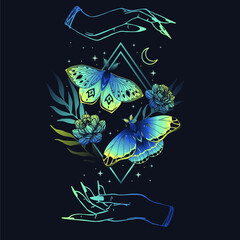 Beautiful cute vector illustration of butterfly in magic colors. For print for T-shirts and bags, decor element. Mystical and magical, astrology illustration