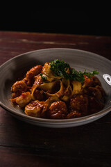 Delicious Pizza Burger Classic Homemade Tomato Sauce Sausage Cheese Onion Chicken Meat Pasta Shrimp Restaurant Menu Gourmet on a wooden table