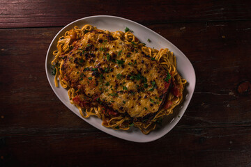 Delicious Pizza Burger Classic Homemade Tomato Sauce Sausage Cheese Onion Chicken Meat Pasta Shrimp Restaurant Menu Gourmet on a wooden table