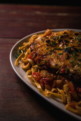 Delicious Pizza Burger Classic Homemade Tomato Sauce Sausage Cheese Onion Chicken Meat Pasta Shrimp Restaurant Menu Gourmet on a wooden table