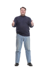 full-length. Mature man in jeans and a jumper.