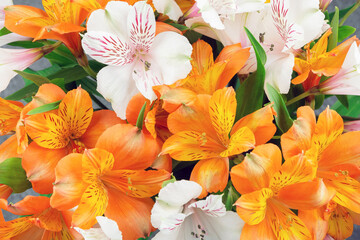 White and orange alstroemeria. Bouquet of beautiful flowers as a background.Selective focus.Decoration concept.