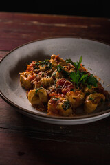 Delicious Pizza Burger Classic Homemade Tomato Sauce Sausage Cheese Onion Chicken Meat Pasta Shrimp Restaurant Menu Gourmet on a wooden table