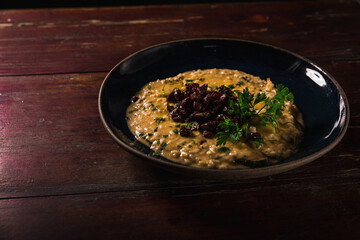 Delicious Pizza Burger Classic Homemade Tomato Sauce Sausage Cheese Onion Chicken Meat Pasta Shrimp Restaurant Menu Gourmet on a wooden table