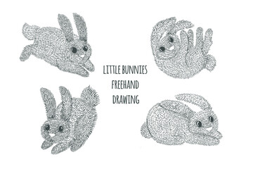 Set of isolated black and white bunnies in different poses. Freehand drawing, line art. Vector illustration on white background.