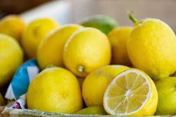 Close Up of a Group of Fresh Lemons at the Italian Market