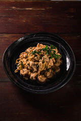 Delicious Pizza Burger Classic Homemade Tomato Sauce Sausage Cheese Onion Chicken Meat Pasta Shrimp Restaurant Menu Gourmet on a wooden table