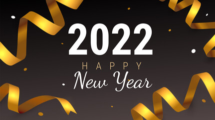 Vector happy new year illustration with golden ribbon and number 2022. Beautiful holiday template design with text and confetti for 2022 new year greeting card, banner