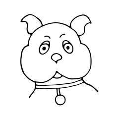 Dog icon, dog sign. A dog with a medal. Doodle style. Vector illustration. Black outline on a white background.