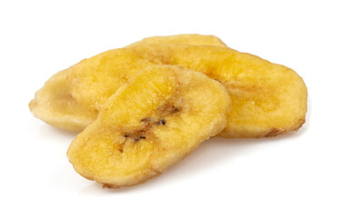 Banana chips isolated on white background. Healthy alternative snack.