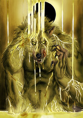 Illustration of a big werewolf being covered by fuse metal. There is an eclipse on the background.