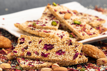 Winter Delicacy Makar Sankranti Or Lohri Mithai Gulab Gajak Also Known As Gur Gajjak, Gazak, Gachak Til Patti Or Papdi, Chikki Is Made Of Rose, Sesame Seeds, Jaggery Gud, Almonds Badam And Pistachio