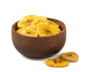 Banana chips isolated on white background. Healthy alternative snack.