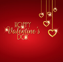 Happy Valentines Day Greetings Golden Typography With Hanging Heart Ornaments