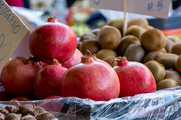 Close Up of a Group of Fresh Pomegranates at the Italian Market