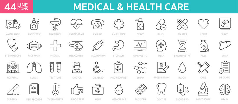 Medecine and health line icon symbols. Outline line web icon collection. Pills, doctor, intensive care, COVID 19, hospital, ambulance, virus icons - stock vector.