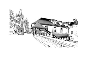 Building view with landmark of Lausanne is the 
city in Switzerland. Hand drawn sketch illustration in vector.