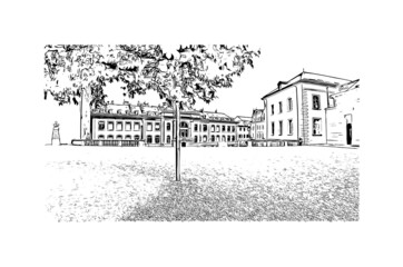 Building view with landmark of Lausanne is the 
city in Switzerland. Hand drawn sketch illustration in vector.
