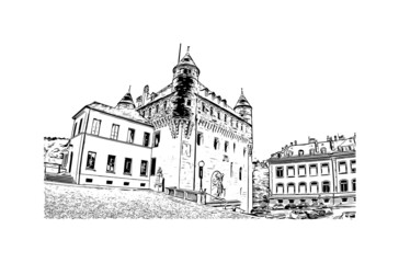 Obraz premium Building view with landmark of Lausanne is the city in Switzerland. Hand drawn sketch illustration in vector.