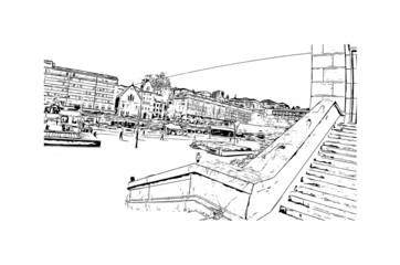Building view with landmark of Lausanne is the 
city in Switzerland. Hand drawn sketch illustration in vector.