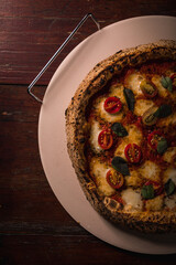 Delicious Pizza Burger Classic Homemade Tomato Sauce Sausage Cheese Onion Chicken Meat Pasta Shrimp Restaurant Menu Gourmet on a wooden table