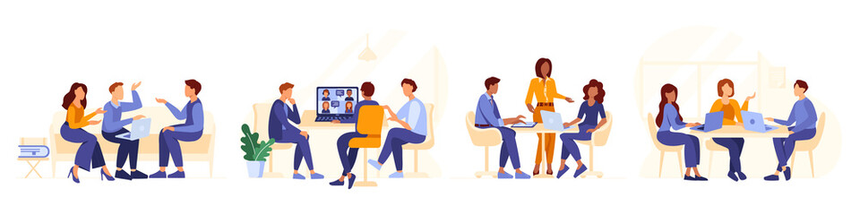 People working in office. Office workers communicating at work. Men and women talking and sitting with laptops and tablet.  Discussing  and brainstorming at work. Vector illustration isolated on white