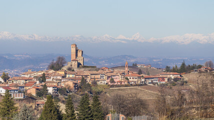 Fototapeta na wymiar CUNEO, ITALY 06 DECEMBER 2021: Castle of Serralunga d'Alba, a village in the Langhe region, Piedmont, Italy
