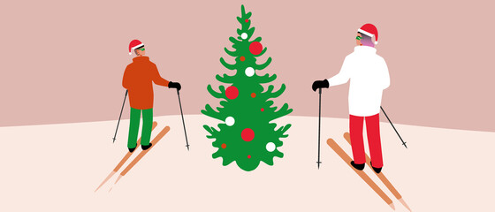 Couple with christmas tree, flat vector illustration with ski resort for new year skiing 
