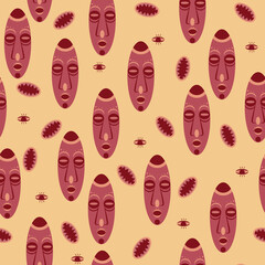 Religious amulet idol face as seamless pattern, flat vector stock illustration with repeat wooden head