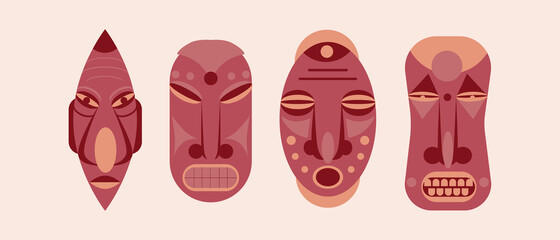 Set of wooden masks isolated, Flat vector stock illustration, Icon or symbol of ancient culture with wooden amulet or sculpture as African traditional symbol for design