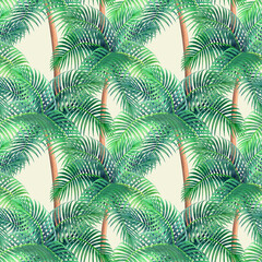 Naklejka na ściany i meble Watercolor background with tropical palm trees seamless pattern.