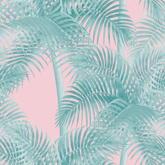 Naklejka premium Watercolor background with tropical palm trees seamless pattern.