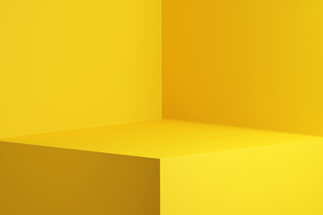 Yellow background studio interior room. Minimalist product stage platform mockup. 3d render of square empty space for product placement.