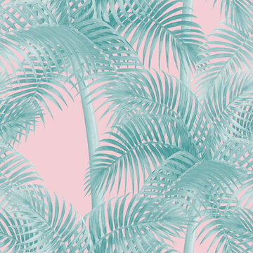Watercolor background with tropical palm trees seamless pattern.