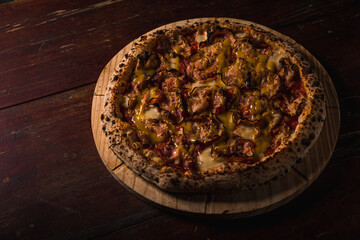 Delicious Pizza Burger Classic Homemade Tomato Sauce Sausage Cheese Onion Chicken Meat Pasta Shrimp Restaurant Menu Gourmet on a wooden table