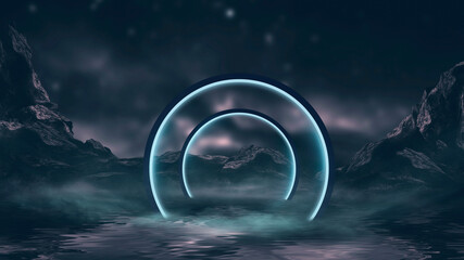 Fantasy night landscape with mountains reflected in the water. Abstract islands, stones on the water. Dark natural scene. Neon space planet. 3D illustration. 