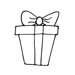 Doodle gift box with a bow and ribbon. A simple image of a closed box. Isolated vector on a white background.