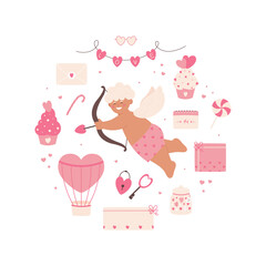 Valentine's Day set with cupid, gift boxes, cupcakes, air ballon, garland, candy, envelope and other elements on white background. Valentine's day, wedding and love concept. Isolated on white.