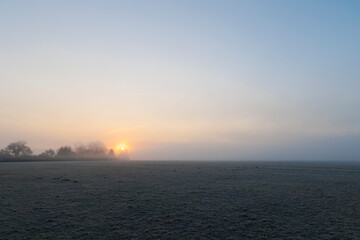 Fototapeta premium A hoarfrost covered misty meadow at sunrise in the Siebenbrunn nature reserve near Augsburg, Germany
