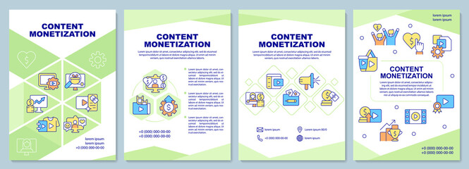 Content monetization brochure template. Earn money from media. Booklet print design with linear icons. Vector layouts for presentation, annual reports, ads. Arial-Black, Myriad Pro-Regular fonts used
