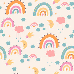 Seamless pattern in boho style with rainbows. Vector graphics.