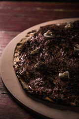 Delicious Pizza Burger Classic Homemade Tomato Sauce Sausage Cheese Onion Chicken Meat Pasta Shrimp Restaurant Menu Gourmet on a wooden table