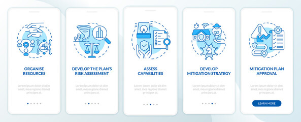 Fototapeta na wymiar Hazard mitigation steps blue onboarding mobile app screen. Reduce threat walkthrough 5 steps graphic instructions pages with linear concepts. UI, UX, GUI template. Myriad Pro-Bold, Regular fonts used