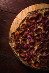 Delicious Pizza Burger Classic Homemade Tomato Sauce Sausage Cheese Onion Chicken Meat Pasta Shrimp Restaurant Menu Gourmet on a wooden table