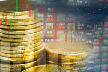 Stock market investment trading financial, coin and graph chart or Forex for analyze profit finance business trend data background.