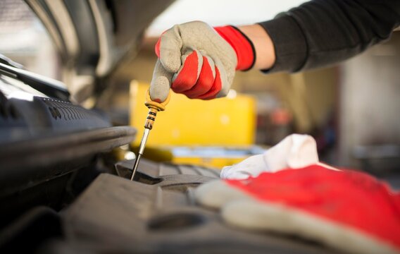 car mechanics check car engine oil