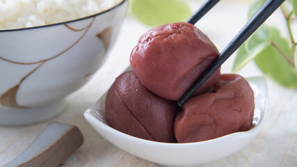 日本の食卓。梅干とご飯。”Japanese Pickled dried plum・Salted plum”