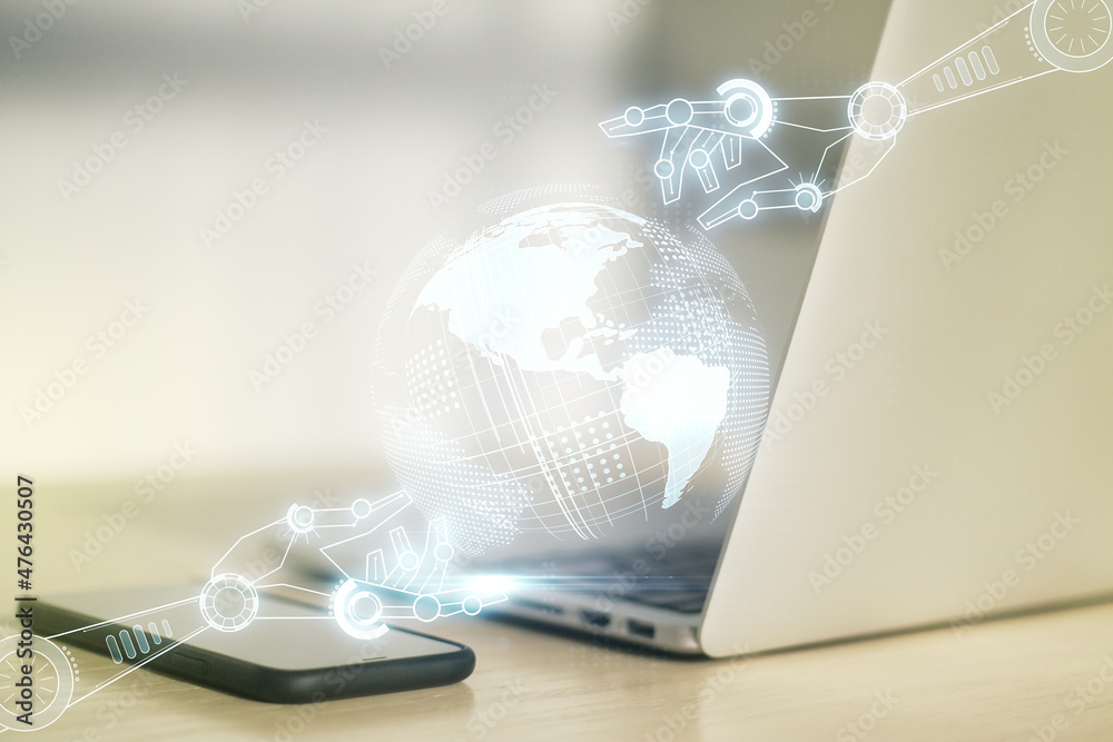 Aufkleber creative concept of robotics technology with globe sketch on modern laptop background. robot develop