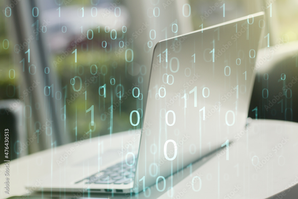 Poster creative abstract binary code hologram on modern computer background, ai and machine learning concep